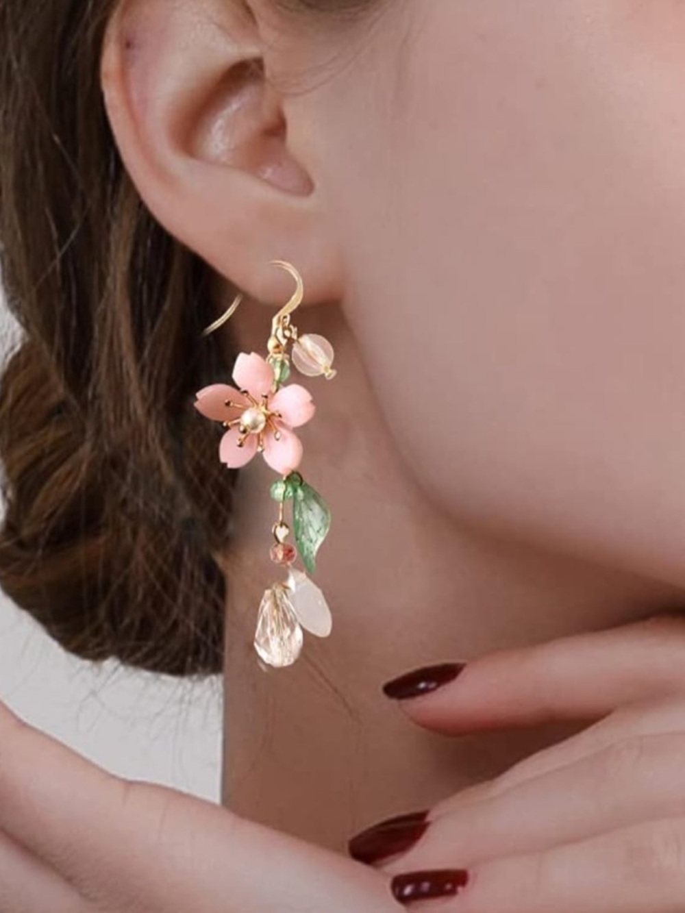 Delicate Pink Flower Drop Earrings with Green Leaf Accents